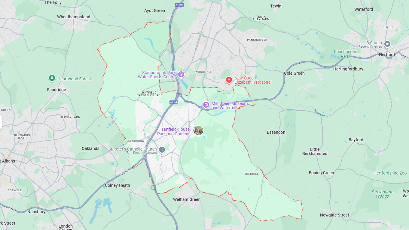 google image of a map of Hatfield, Hertfordshire